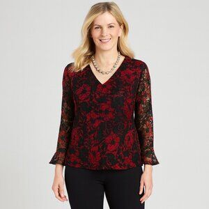 Ninety Y2K Black & Red Lace V-Neck Top | Sheer Sleeves | Romantic Gothic Chic